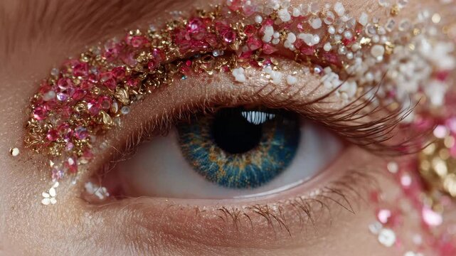 Close-up view of a beautifully decorated eye with colorful glitter and gems during a creative makeup session