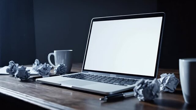 A laptop on a cluttered wooden desk with crumpled papers and a cup