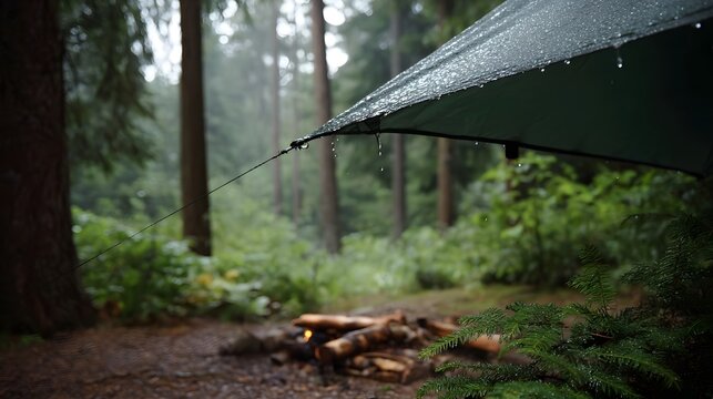 A green tarp shelters a campsite with a campfire nearby in a rainy forest setting