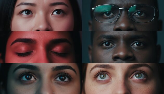 Diverse collage of multiethnic human eyes showing different emotions and expressions in a dramatic close-up composition with moody, cinematic lighting