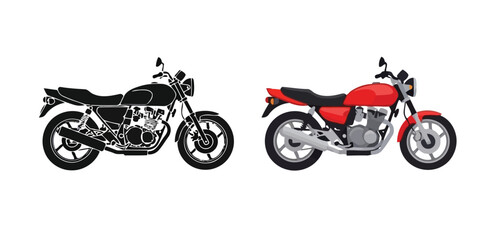 Two Classic style motorcycle illustrations, one black silhouette and one red colored vector graphic