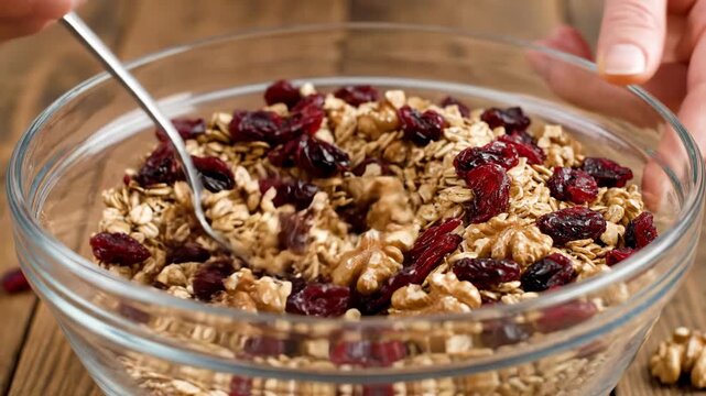Bowl of granola with cranberries and walnuts on wooden table