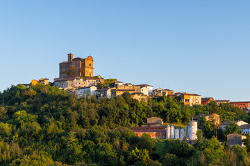 Obraz premium Treville village Piedmont, Italy, building on hilltop, rural landscape