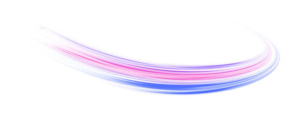 Purple and pink neon lines flow in curved streaks on a transparent PNG. Vector light ribbons twist with motion and glowing trails. Dynamic speed lines overlap with sparkling particle motion.