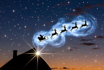 Santa Claus and his reindeer flying across a starry night sky