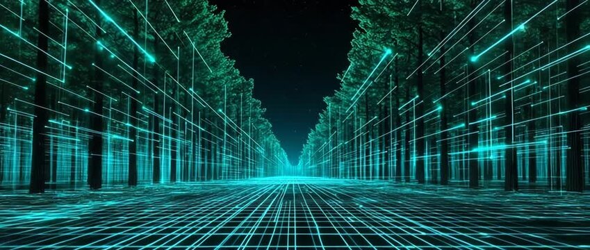 Glowing digital grid path extends through a dark forest avenue under a starry sky Cyan neon data lines flow around the trees representing connectivity and futuristic
