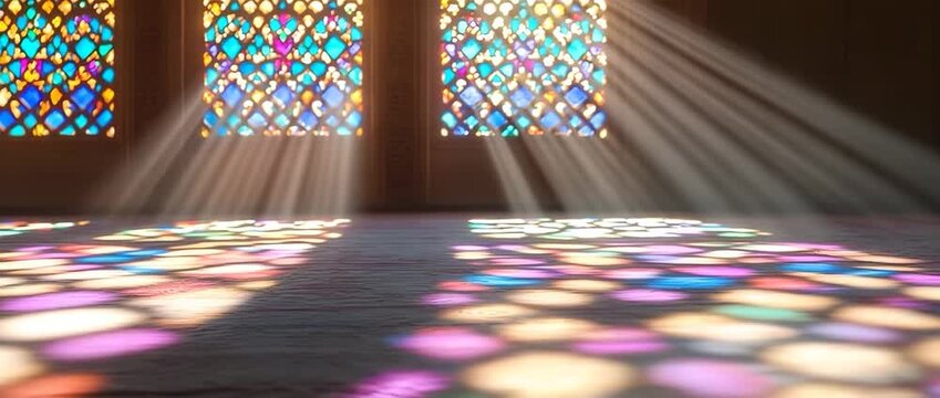 Sunlight beams stream through vibrant multicolored stained glass windows Volumetric light rays project colorful geometric patterns onto the dark floor of a sacred