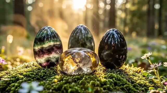Yoni eggs nestled in moss in a forest with dappled light