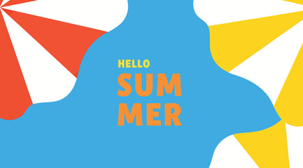 Hello summer vibrant graphic with abstract blue shape and partial colorful beach umbrella patterns, evoking a cheerful holiday vacation season, perfect for banners, promotions, and digital greetings.