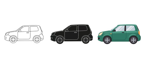 Fototapeta premium Three compact car illustrations showing outline, solid black silhouette, and full color green side view