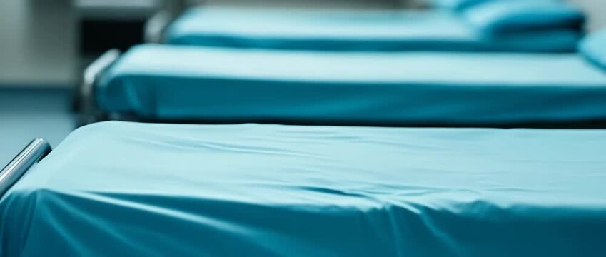 Close up view of empty hospital beds with bright blue sheets lined up in a sterile medical ward The metal rails are visible