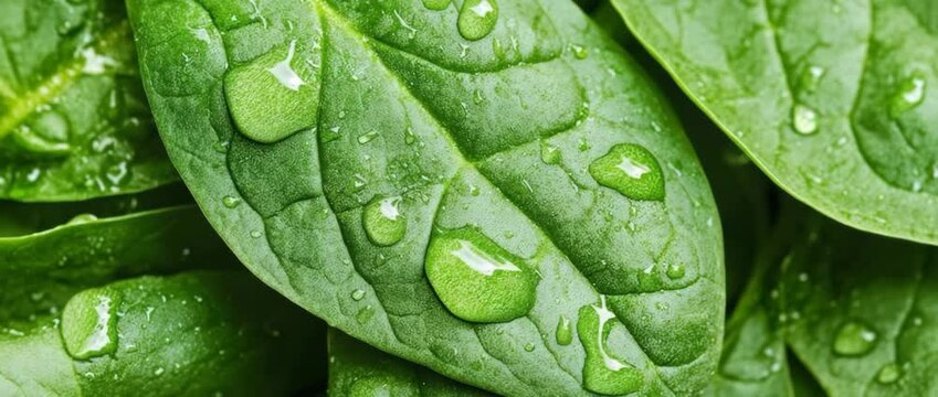 Macro close up view of fresh green spinach leaves covered with large clear water drops The healthy organic vegetable shows detailed texture and veins