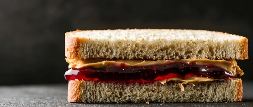 Close up studio shot of a classic peanut butter and jelly sandwich Creamy peanut butter and dark berry jam are spread between two slices of white bread against a black ba