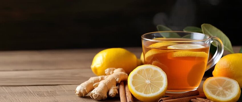 Steaming hot herbal tea with fresh lemon slices and raw ginger root served in a glass mug on a brown wooden table Cinnamon sticks are also present