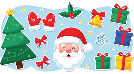 Collection of cute christmas holiday sticker elements featuring santa claus face, decorated tree, gift box, mitten, bell, bow, holly, and snowflake on light blue background for seasonal design