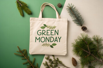 Celebrate Green Monday with a canvas tote, leaf graphics, and pine accents on a split-tone background. generative ai
