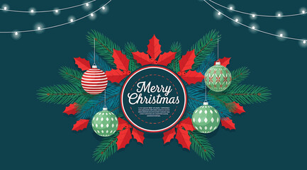 Christmas greeting design with circular emblem reading &ldquo;Merry Christmas and Happy New Year,&rdquo; surrounded by poinsettias, pine branches, ornaments, and string lights on dark teal background&mdash;perfect for 