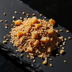 Sesame seeds with jaggery cubes on a dark stone background for Makar Sankranti  