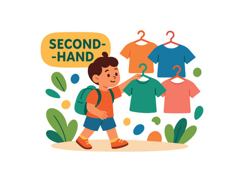 Flat vector illustration of colorful child choosing secondhand clothes with vivid hanger icons rounded shapes sustainable habit