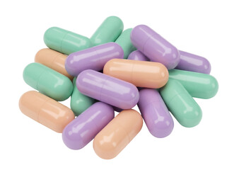 Pile of pastel colored capsule pills isolated PNG on transparent background, assorted medication for healthcare and pharmaceutical use