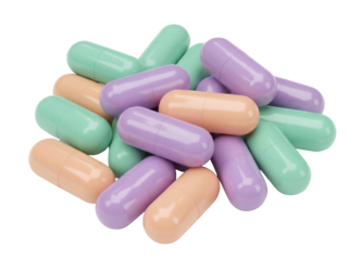 Pile of pastel colored capsule pills isolated PNG on transparent background, assorted medication for healthcare and pharmaceutical use