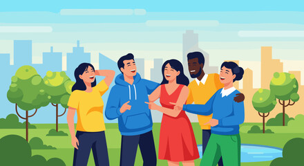 Fototapeta premium A diverse group of happy young friends enjoys a joyful outdoor gathering in a vibrant city park, sharing laughter and positive social connection.