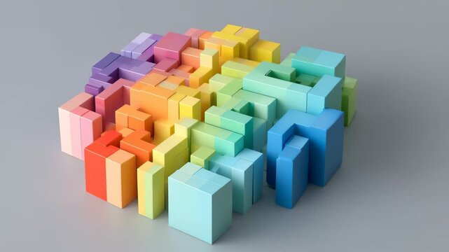 Colorful abstract arrangement of stacked blocks creating a vibrant pattern in a modern setting during daylight