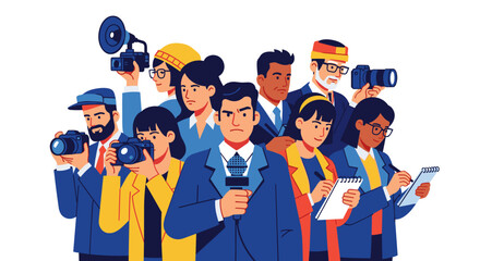 A diverse group of journalists, photographers, and media professionals stands united, symbolizing the modern landscape of global news and communication efforts.