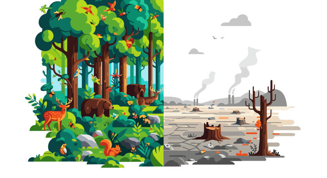 A striking visual contrast between a vibrant, thriving forest ecosystem and a desolate, polluted landscape devastated by deforestation.