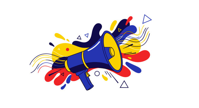 A vibrant, modern flat design illustration featuring a blue megaphone surrounded by abstract colorful shapes, symbolizing important announcements and effective marketing communication.