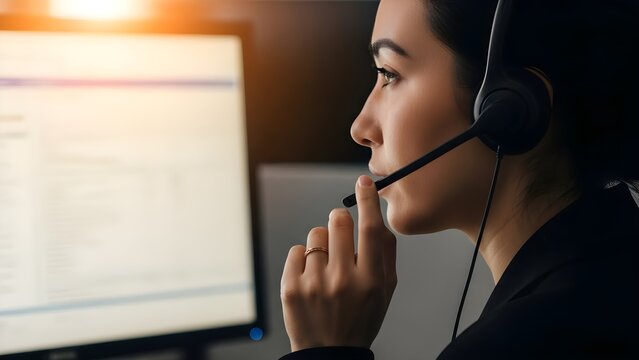 A young woman wearing a headset and looking at a computer screen, possibly working in customer service or a call center.