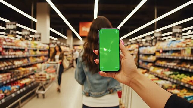 A person holding a smartphone with a green screen in a supermarket aisle