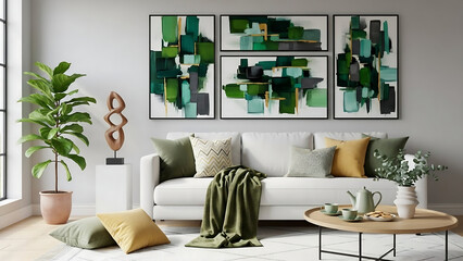 modern living room with sofa, Contemporary living room with white sofa, decorative pillows, sculptural objects, coffee table with tea set, and wall art in green tones. Mock up paintings.