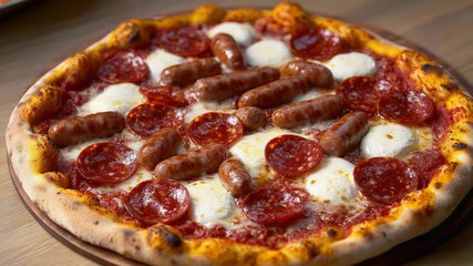 Video Freshly baked pepperoni pizza served on a wooden platter, perfect for parties or gatherings