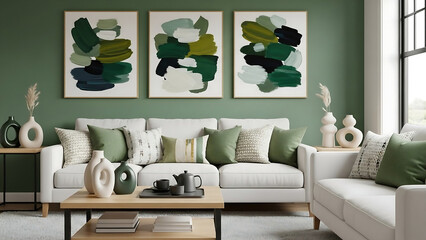modern living room with sofa, Contemporary living room with white sofa, decorative pillows, sculptural objects, coffee table with tea set, and wall art in green tones. Mock up paintings.