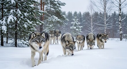 A pack of wolves traversing a snowy forest landscape in winter