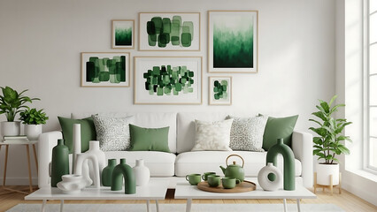modern living room with sofa, Contemporary living room with white sofa, decorative pillows, sculptural objects, coffee table with tea set, and wall art in green tones. Mock up paintings.