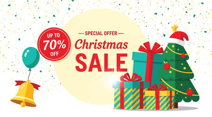 Colorful Christmas sale ad with decorated tree, wrapped gifts, balloon, golden bell, and confetti. Bold text announces &ldquo;UP TO 70% OFF SPECIAL OFFER Christmas SALE&rdquo;&mdash;ideal for holiday marketing campaign