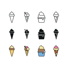 Ice cream set icon line glyph color for frozen dessert and sweet food illustration