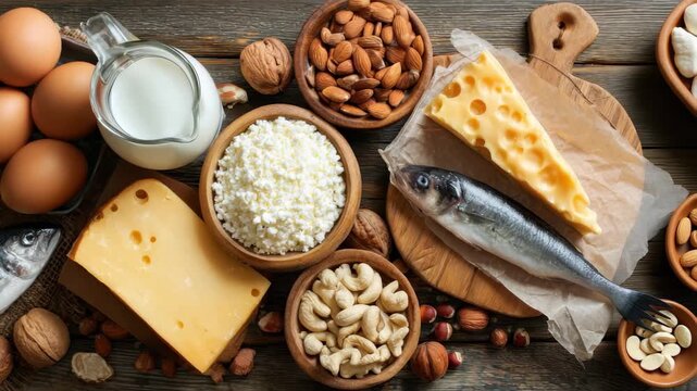 Colorful display of fresh dairy, fish, and nuts on a rustic wooden table showcasing a variety of healthy food options for a balanced diet
