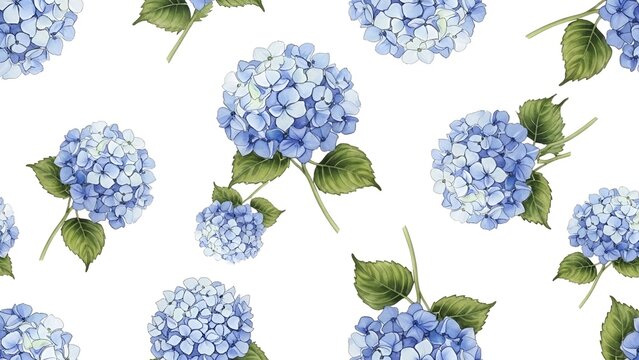 Elegant floral pattern featuring delicate blue hydrangea blossoms on a white background