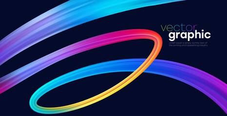 Vector Illustration Of Neon Ribbon Curves In Motion. Bright Gradient Circles And Arcs Form Abstract Colorful Design. Vector Illustration Background.