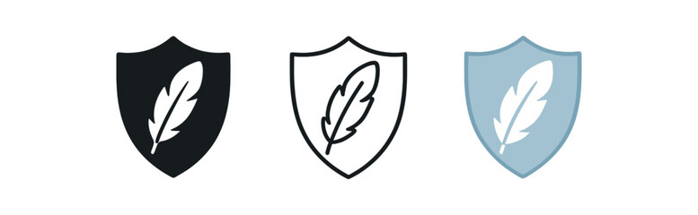 Naklejka premium hypoallergenic feather icons three icons with feather and small shield one flat solid monochrome one thin black outline black and white one full color flat icon with light blue shield and