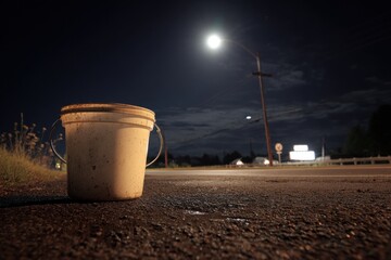 Bucket at Night on Deserted Road