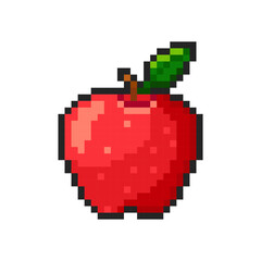 Naklejka premium Pixel red apple isolated on transparent background. Pixelated badge, game asset or computer arcade item. Fruit icon. Vector pixel art food illustration in 16 bit old style.