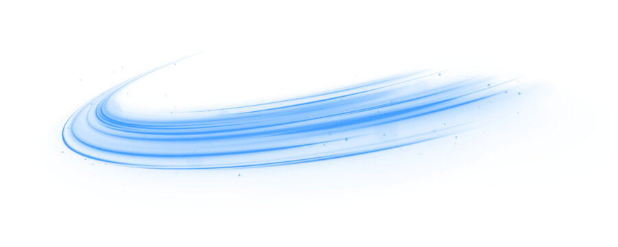 Twisting blue neon streaks flow diagonally on a PNG. Vector curved lines highlight glowing motion trails. Bright light ribbons and dynamic streaks show speed and flowing energy.