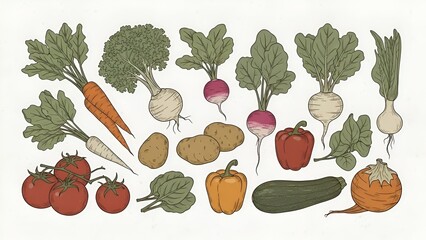 Hand-drawn vector illustration of a variety of colorful fresh and organic vegetables