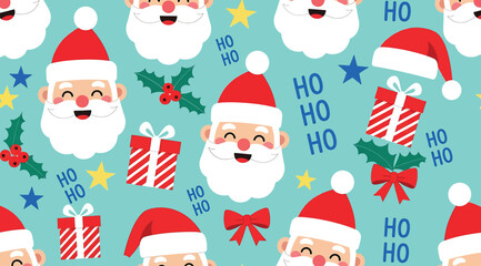Seamless pattern with cute cartoon santa claus faces, christmas gift boxes, holly, stars, and ho ho ho text on a light blue background for holiday wrapping paper or textile design