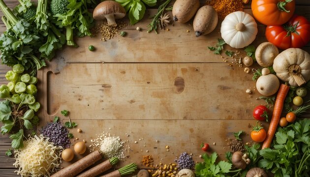 Rustic Cooking Background with Fresh Vegetables, Roots, Mushrooms, Herbs, and Spices on Wooden Cutting Board - Powered by Adobe