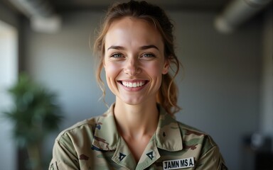 United States servicewoman smiling happily in a studio. High quality